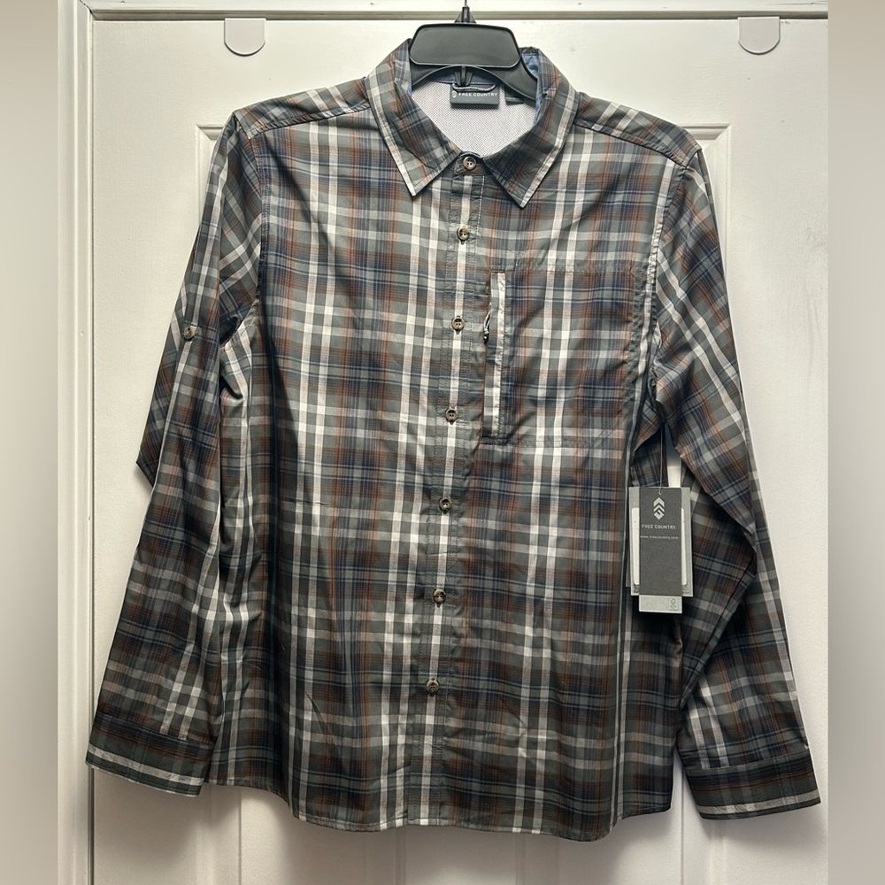 Free Country button down shirt, short sleeve, grey/red, size M NEW